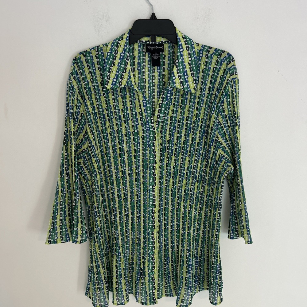 Maggie Barnes 2X Button Down Pleaded‎ Green Blue 3/4 Flare Sleeve Blouse